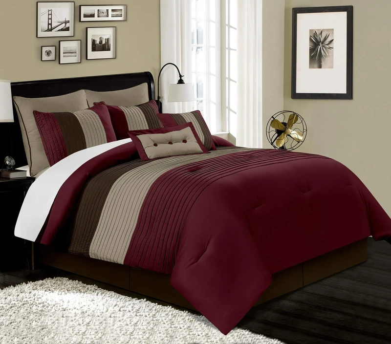 Chezmoi Collection Loft 8-Piece Luxury Striped Comforter Set (Full, Burgundy/Coffee/Brown)