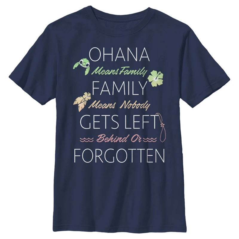 Disney Lilo & Stitch Ohana Family Quoted Boy's Solid Crew Tee, Navy Blue, Small