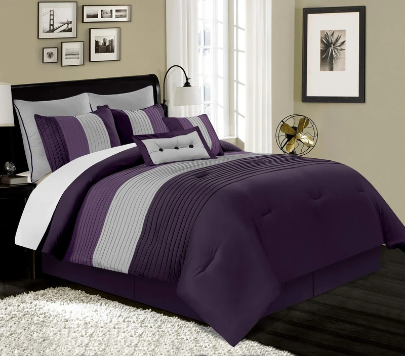 Chezmoi Collection Loft 8-Piece Luxury Striped Bedding Comforter Set (Queen, Purple/Gray/Lavender)