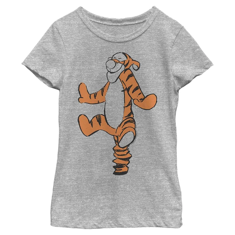 Disney Winnie The Pooh Basic Sketch Tigger Girl's Crew Tee, Athletic Heather, X-Small, Athletic Heather, XS