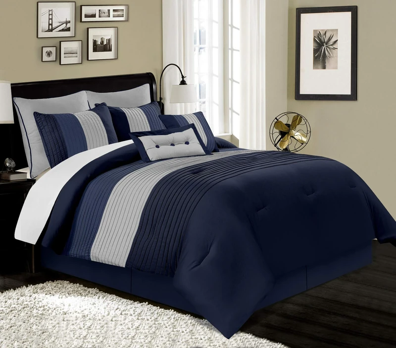 Chezmoi Collection Loft 8-Piece Luxury Striped Comforter Set (King, Navy/Gray/Blue)