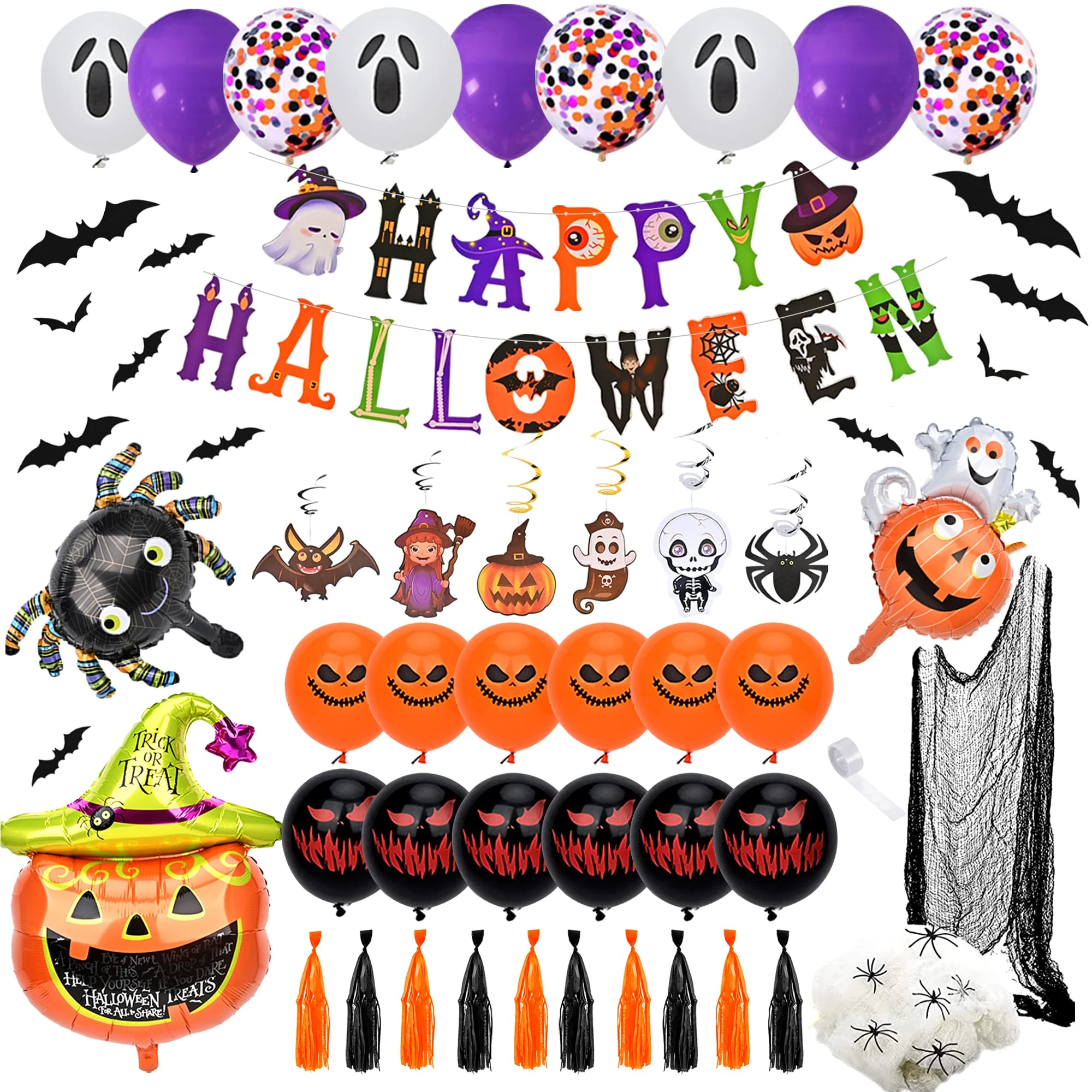 Y-home Halloween Decorations - Halloween Balloons Decoration Set, Hallowe'en Party Decoration Pack with Spider Web and Aluminum Foil Balloons, Indoor Halloweens Decor Kit for Home,Office,School