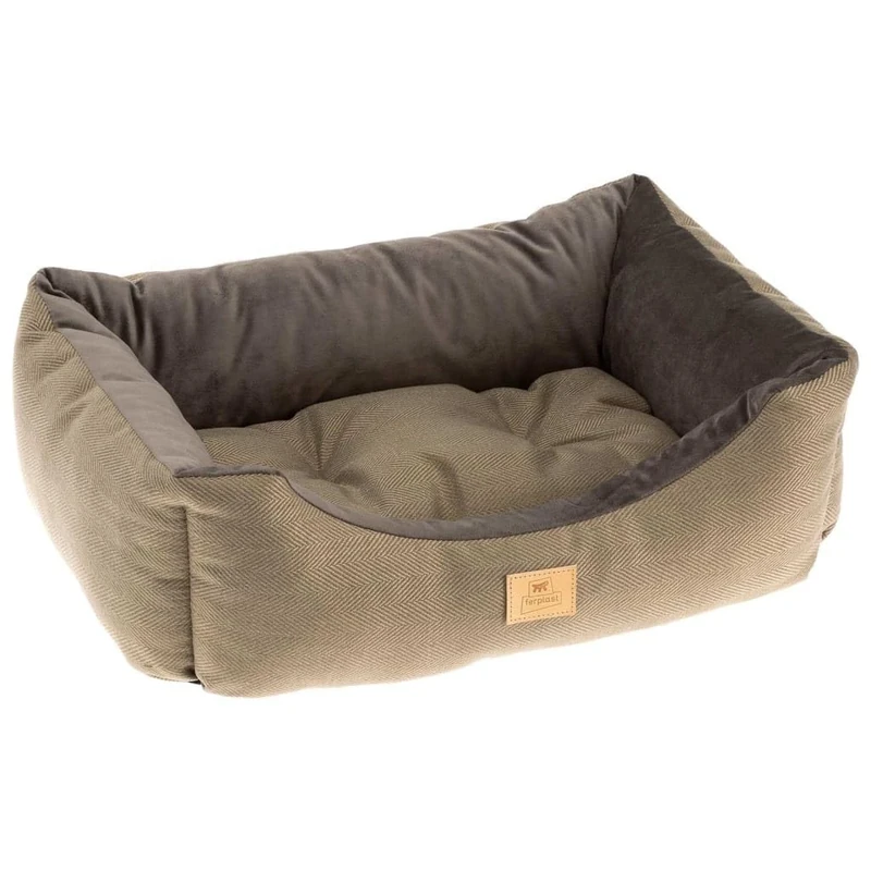 Ferplast Dog Bed Cat Bed CHESTER 80, with Double-sided Cushion, Tweed and Velvet, Washable, Brown, 78 x 56 x 22 cm
