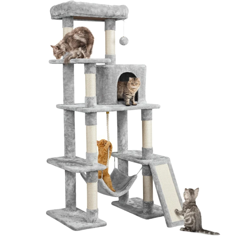 Yaheetech Cat Tree 159cm Tall Cat Tower with Scratching Post/Hammock, Large Climbing Tree for Indoor Kittens, Light Grey