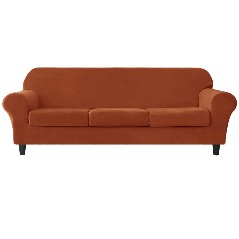 CONRUSER Stretch Sofa Slipcover, Soft Velvet Sofa Covers for 3 Cushion Couch Thick Furniture Protector for Pets & Kids (Red-Brown, L)