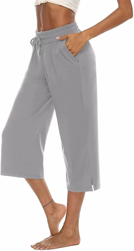 ASKSA Womens 3/4 Capri Pants Wide Leg Crop Trousers Jogging Yoga Loose Comfy Lounge Drawstring Sweatpants with Pockets(Gray,S)