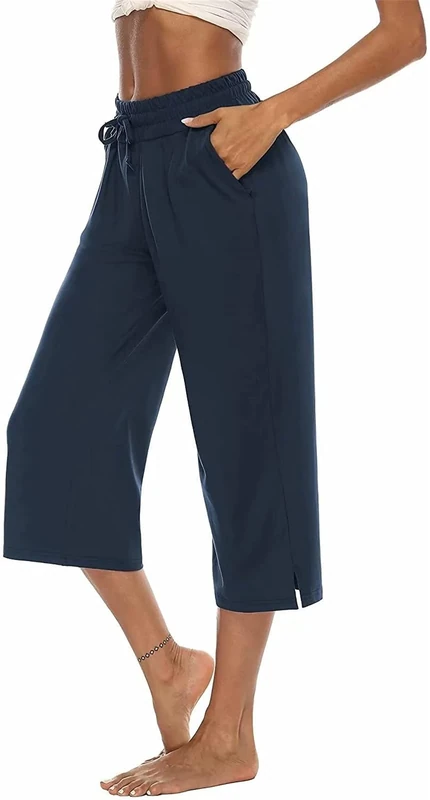 ASKSA Women's 3/4 Wide-Leg Capri Jogging Pants - Navy S