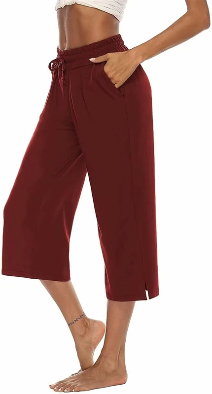 ASKSA Womens 3/4 Capri Pants Wide Leg Crop Trousers Jogging Yoga Loose Comfy Lounge Drawstring Sweatpants with Pockets(Wine Red,S)