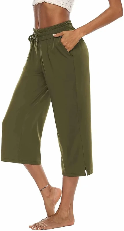 ASKSA Women's 3/4 Wide Leg Capri Jogging Pants - Green S