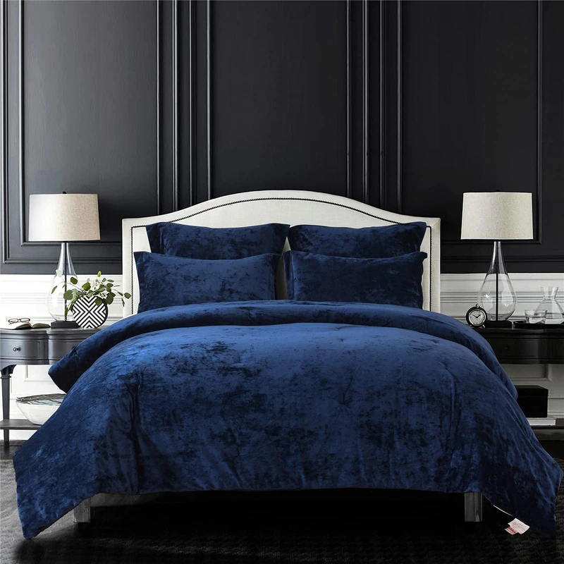 Sunshine Nicole Distressed Velvet Comforter Set, Distressed Velvet Face and Brushed Solid Microfiber Reverse, with Light Weight Soft Poly Fill, 5 Pieces Navy King