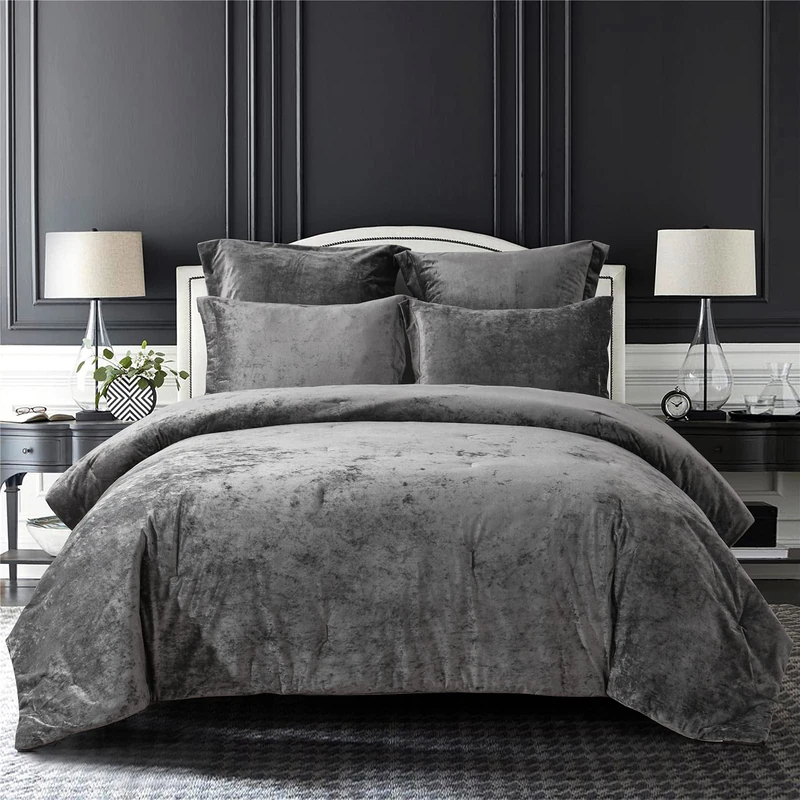 Sunshine Nicole Distressed Velvet Comforter Set, Distressed Velvet Face and Brushed Solid Microfiber Reverse, with Light Weight Soft Poly Fill, 5 Pieces Grey King