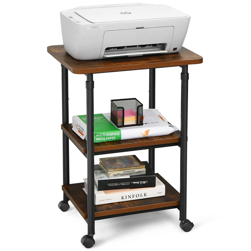 CASART 2/3 Tier Printer Stand, Fax Stand on Wheels, up to 45kg/50kg, Open Shelves Mobile Printer Cart for Home Office (49 x 40 x 67-77cm, Rustic Brown)