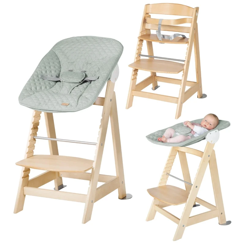 roba Born Up Baby High Chair Set 2in1 + Newborn Attachment roba Style Frosty Green with Reclining Function - Children's High Chair from Birth - Natural Wood