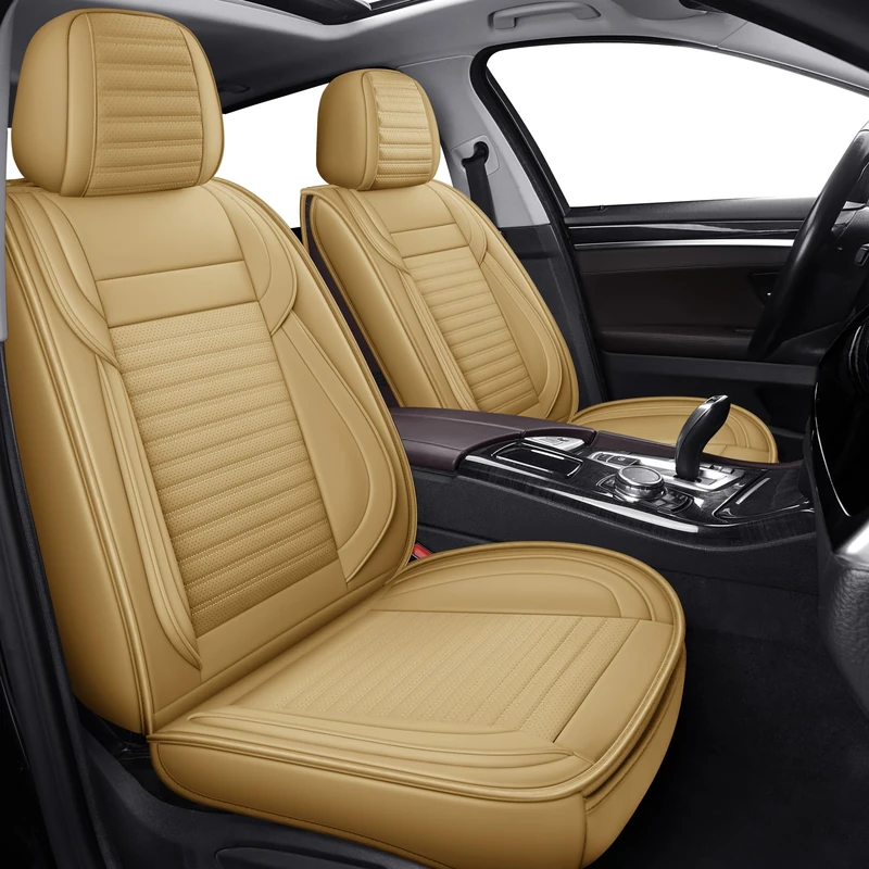 LINGVIDO Leather Car Seat Covers,Breathable and Waterproof Faux Leather Automotive Seat Covers for Cars SUV Pick-up Truck Sedan,Universal Anti-Slip Driver Seat Cover with Backrest (Full Seat, Beige)