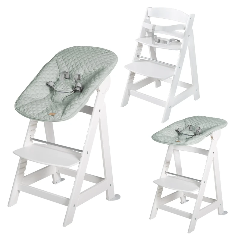 roba Born Up Children's High Chair Set 2in1 + Attachment for Newborns roba Style Frosty Green - Baby High Chair with Reclining Function - from Birth - White Wood