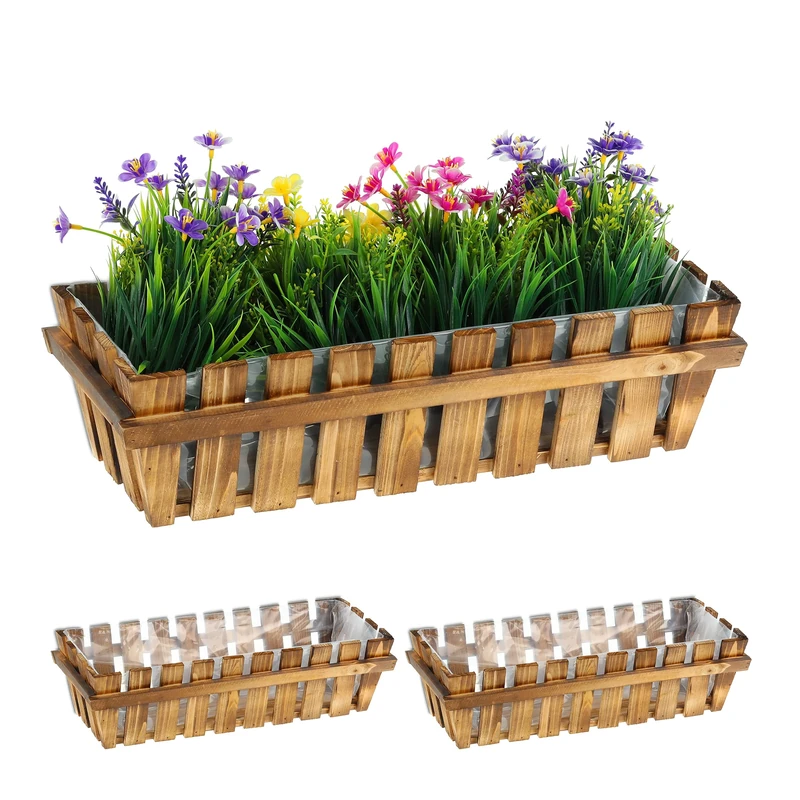 Relaxdays 3 Flower Boxes, Natural Untreated Wood, Slatted Look, Window Sill & Balcony, HxWxD: 12 x 45 x 19.5 cm