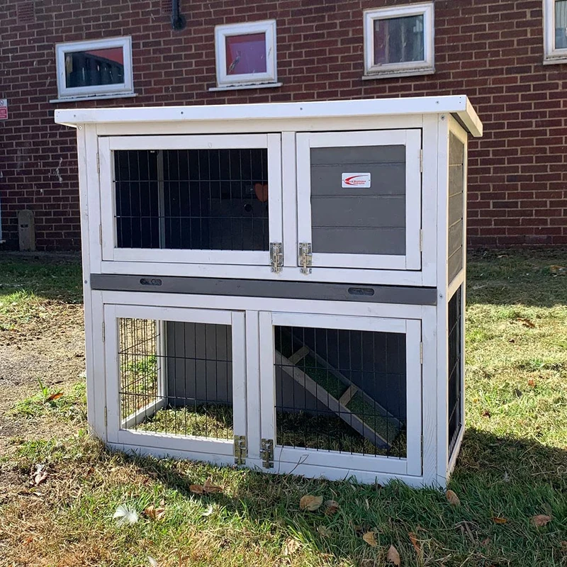 BUNNY BUSINESS 36" 2-Tier Double Decker Rabbit/Guinea Pig Hutch with Sliding Tray (GREY) - Image 1