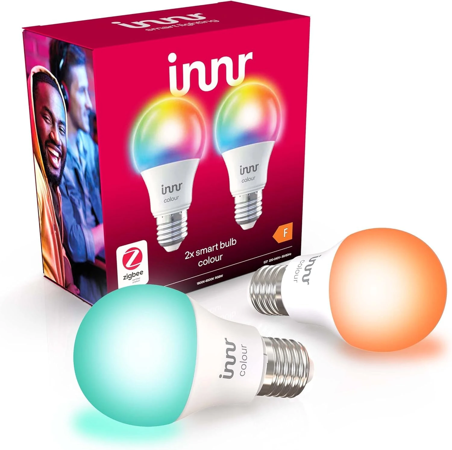 Innr Zigbee E27 Smart Bulb, Works with Hue*, Amazon Echo 4th Gen., Alexa (Bridge Required), White & Colour, E27 Screw Bulb, LED Light Bulbs, Dimmable, 806 Lumen, 2-Pack