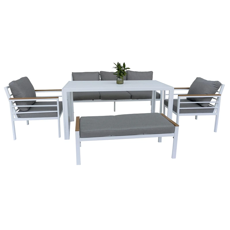 SHATCHI 6 Seater Aluminium Garden Furniture Set White Frame – Outdoor Sofa Set with Bench, Armchairs and Dining Table – Grey Cushions, Modern Patio Lounge Dining Set