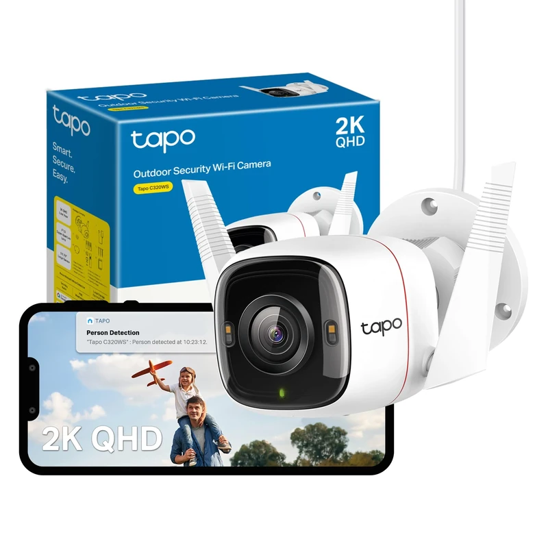 Tapo C320WS 2K QHD Wireless & Wired Security Camera Outdoor, IP66, Person/Vehicle Detection, Starlight Colour Night Vision, Cloud and Local Storage, Works With Alexa and Google, No Monthly Fee