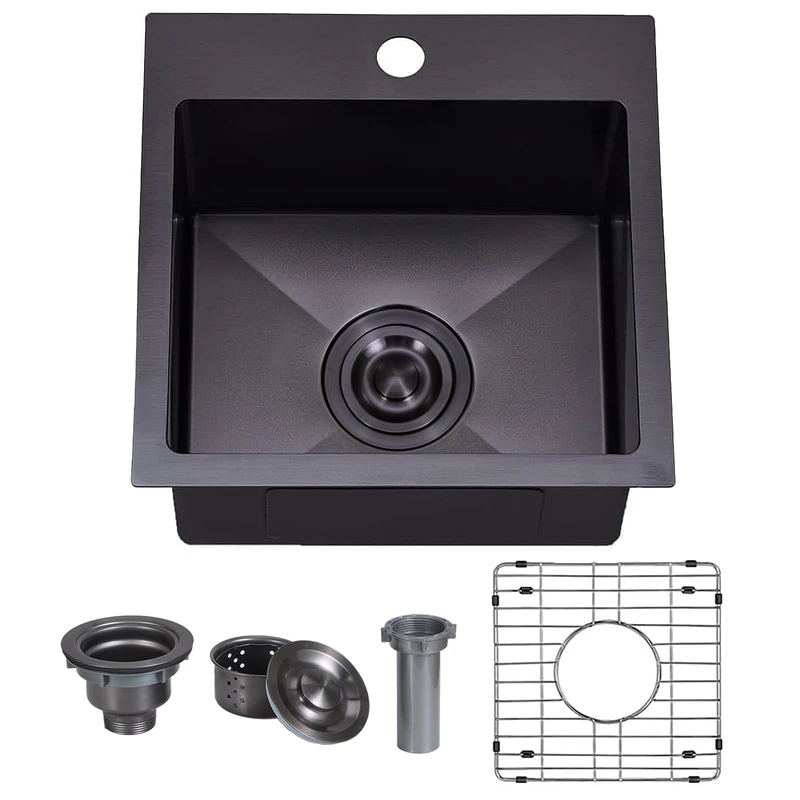 VAPSINT 15 x 15 Inch Gunmetal Black Drop in Bar Sink, Single Bowl Topmount Handmade Wet Bar Sink Prep Sink RV Sink, 16ga Stainless Steel Outdoor Small Kitchen Sink with Grid & Drain