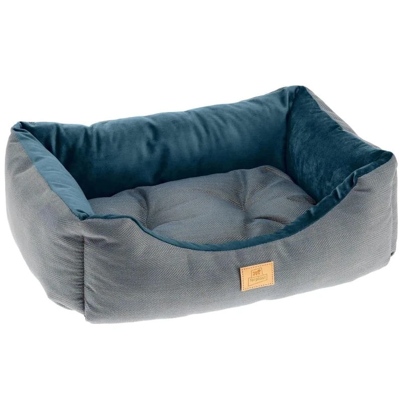 Ferplast Dog Bed Cat Bed CHESTER 80, with Double-sided Cushion, Tweed and Velvet, Washable, Blue, 78 x 56 x 22 cm