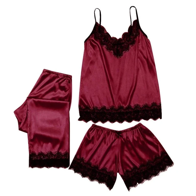 Women's Baby Dolls 3PCs Women's Pajamas Sexy Lace Satin Sleepwear Sleeves Lingerie Top Set-Wine_Red_S