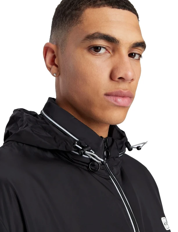 Armani Exchange mens Packable, Hidden Hoodie, Two Zip Pockets on Front, Rubber Patch Logo Windbreaker, Black, Extra-Small