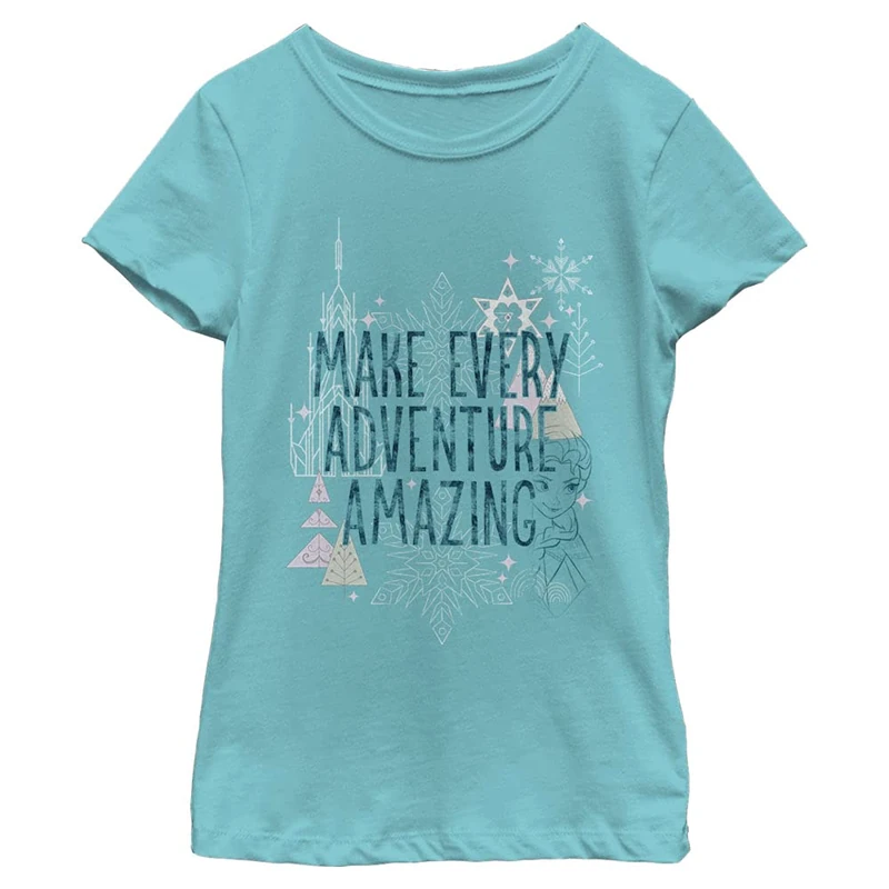 Disney Frozen Every Adventure Girl's Solid Crew Tee, Tahiti Blue, X-Small, Tahiti Blue, XS