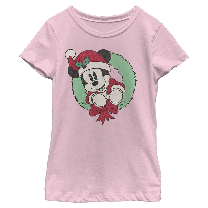 Disney Girl's Vintage Mickey Wreath T-Shirt, lightpink, M