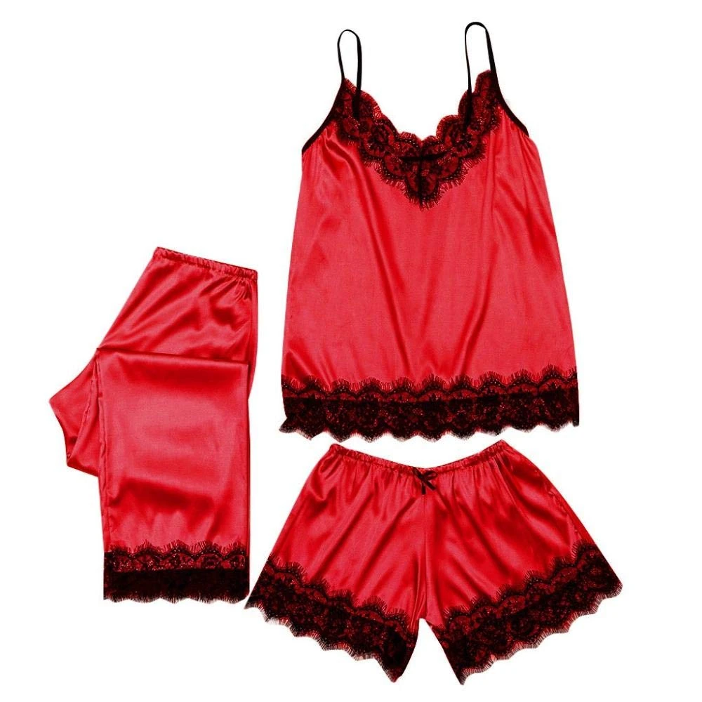 Women's Erotic Bodystockings 3PCs Women's Pajamas Sexy Lace Satin Sleepwear Sleeves Lingerie Top Set-Rot_3XL