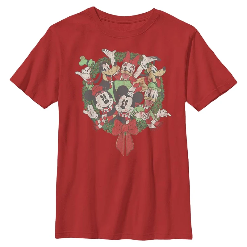 Disney Characters Mickey Friends Wreath Boy's Solid Crew Tee, Red, Small