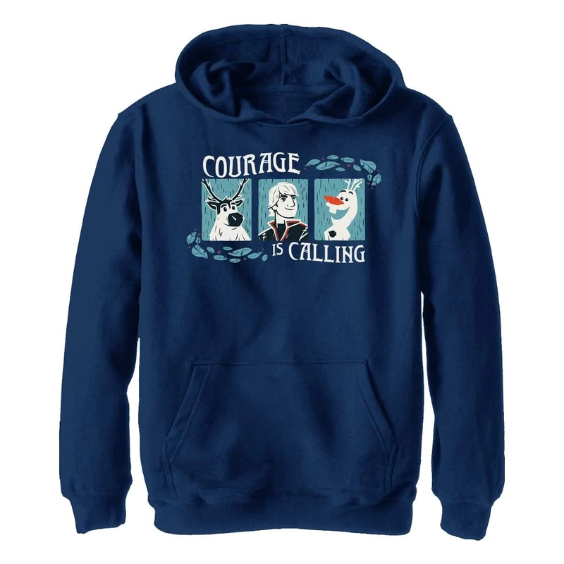 Disney Frozen 2 Courage Woodcut Boy's Hooded Pullover Fleece, Navy Blue Heather, Small, Heather Navy, S