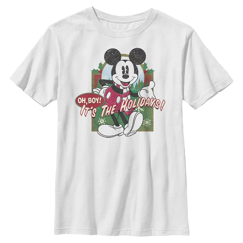 Disney Boy's Vintage Holiday Mickey T-Shirt, White, M