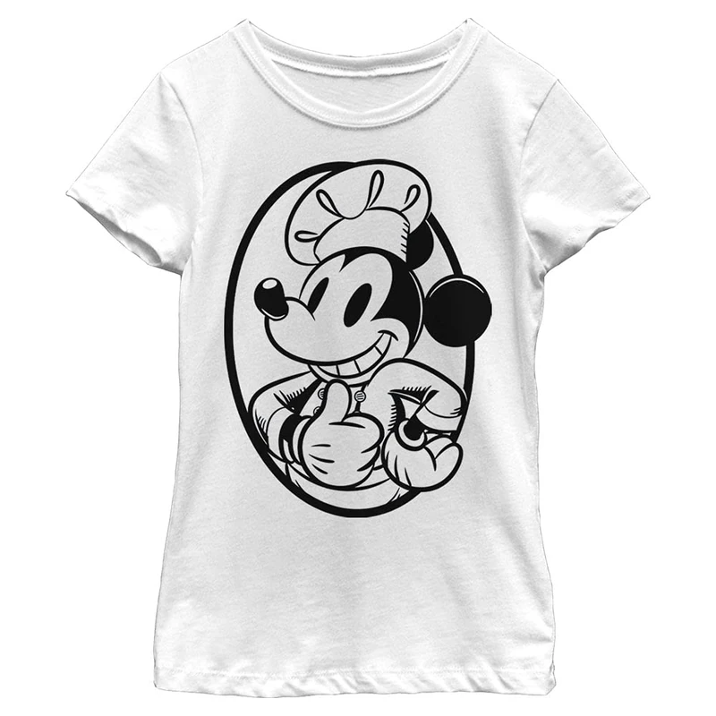 Disney Characters Chef Mickey Circle Girl's Solid Crew Tee, White, X-Small, Weiß, XS