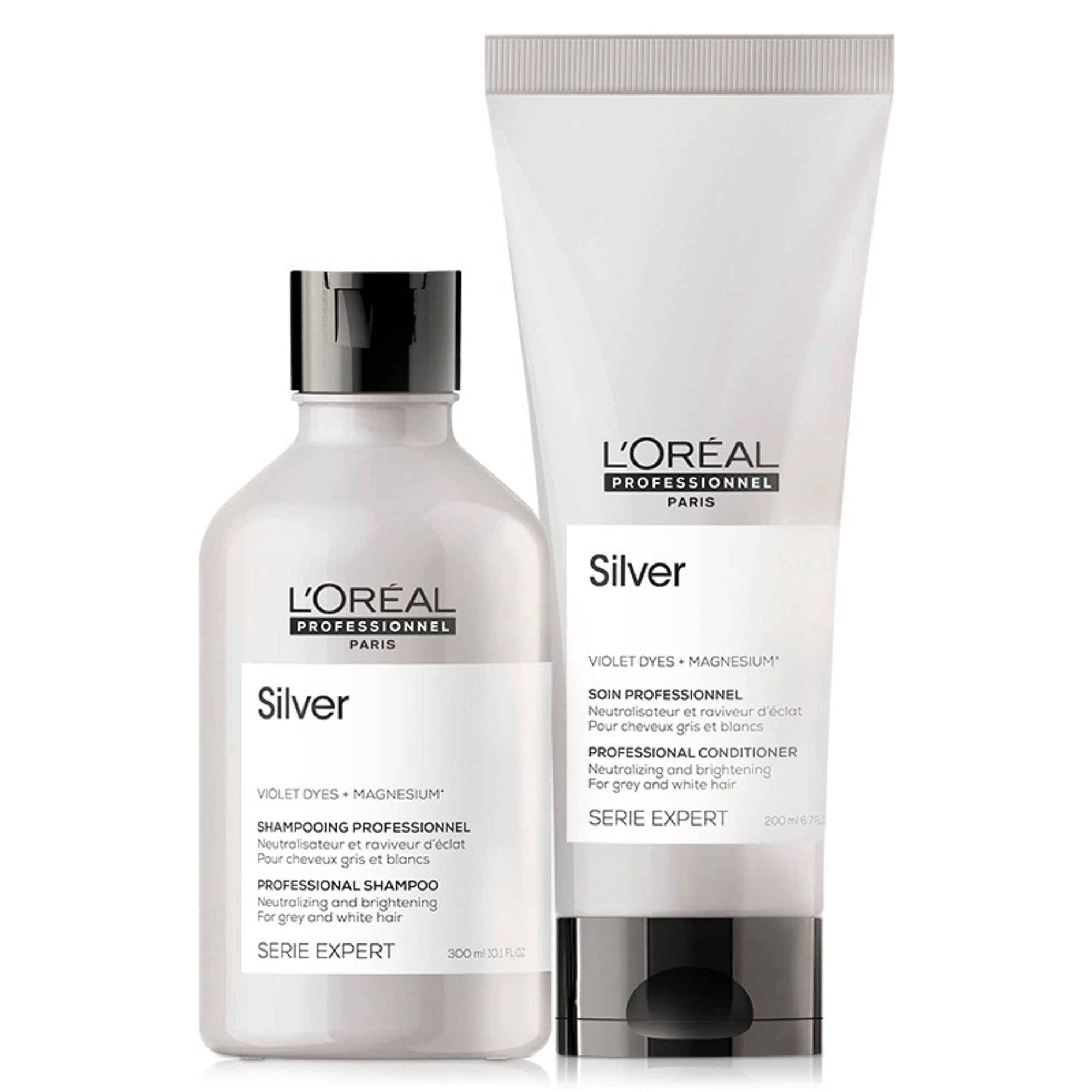 L'Oréal Professionnel Serie Expert Silver Shampoo and Conditioner Set, Neutralises Unwanted Brassy Tones, For Grey, White or Light Blonde Hair, 300 ml and 200 ml
