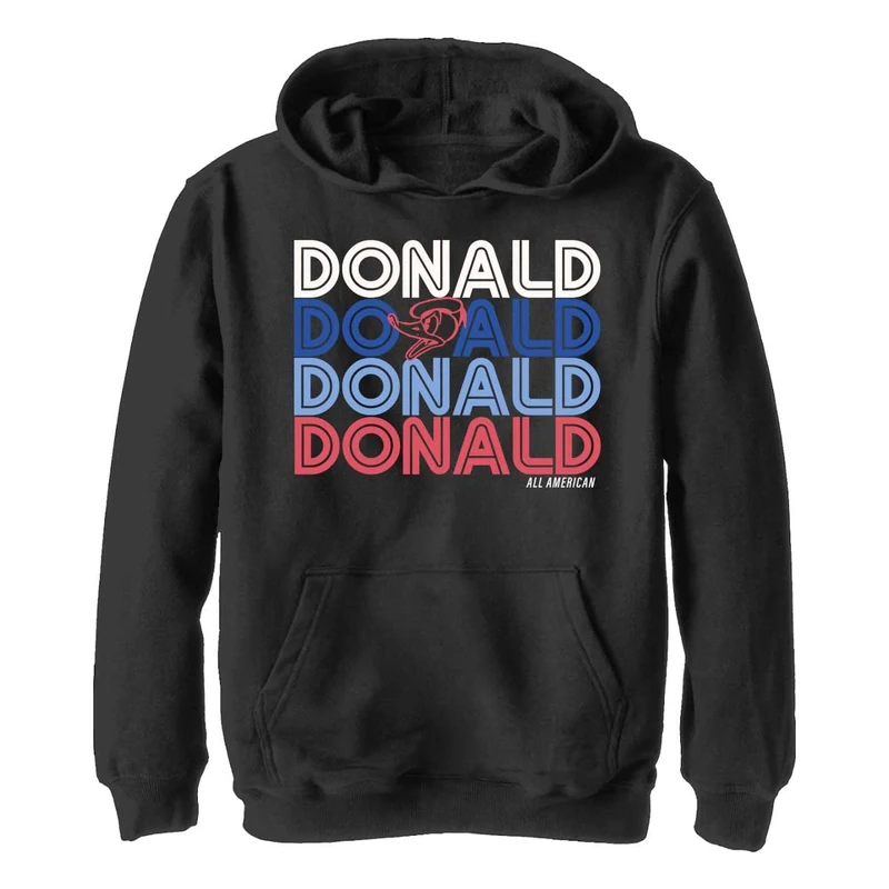 Disney Characters Retro Stack Donald Boy's Hooded Pullover Fleece, Black, Small, Schwarz, S