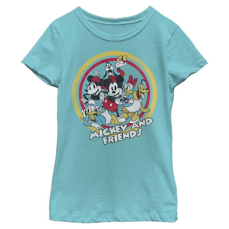 Disney Characters Circle of Friends Chest Girl's Solid Crew Tee, Tahiti Blue, X-Small, Tahiti Blue, XS