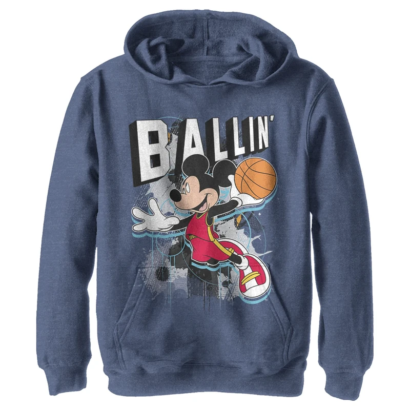 Disney Characters Mickey Ballin Boy's Hooded Pullover Fleece, Navy Blue Heather, Small, Heather Navy, S