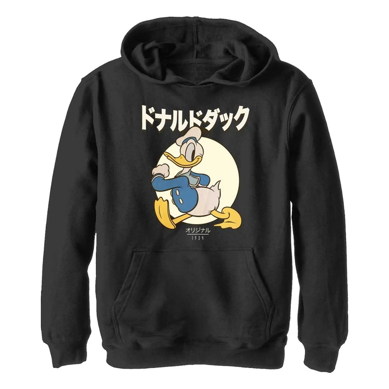 Disney Characters Kanji Duck Boy's Hooded Pullover Fleece, Black, Small, Schwarz, S - Image 1