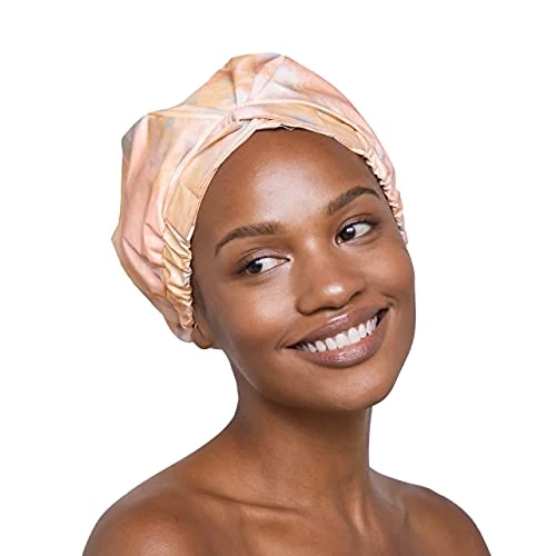 Kitsch Luxury Reusable Shower Cap for Women - Waterproof and Fashionable for Long and Curly Hair - Adjustable Elastic Band Bonnet (Sunset Tie Dye)