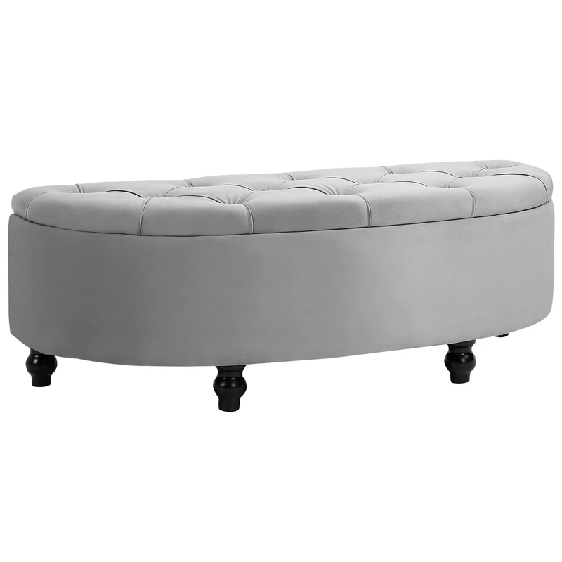 HOMCOM Semi-Circle Ottoman Storage Bench, Bed End Bench, Tufted Upholstered Window Seat Footrest Stool with Rubberwood Legs for Bedroom & Entryway, 120 x 46 x 42 cm, Light Grey