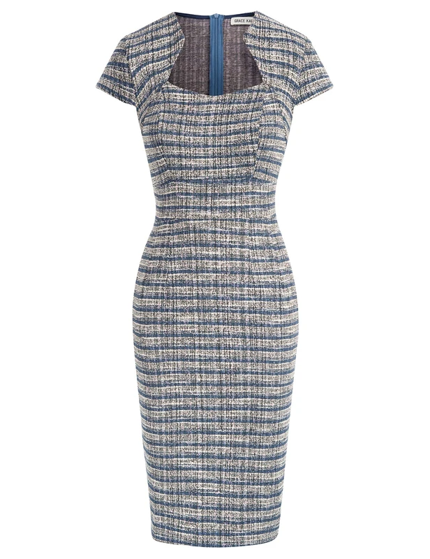 Grace Karin Women's 50s Vintage Pencil Dress Cap Sleeve Wiggle Dress CL7597, Tweed-Blue, Small