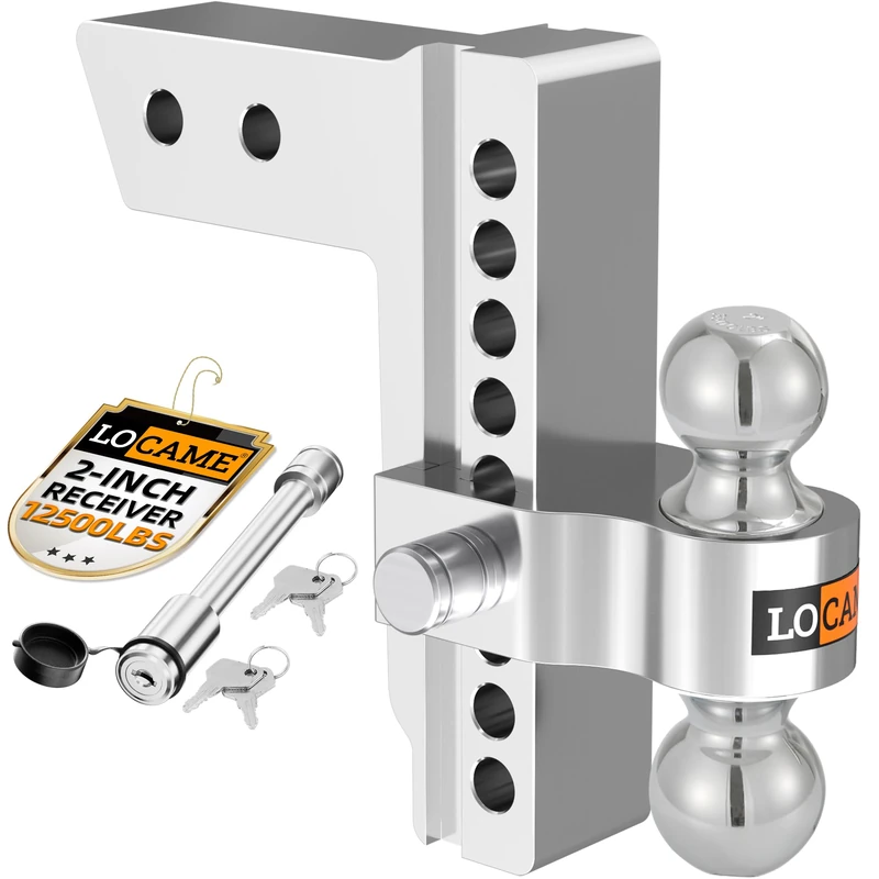 LOCAME Adjustable Trailer Hitch, Fits 2-Inch Receiver, 8-Inch Drop/Rise Aluminum Drop Hitch, 12,500 LBS GTW-Tow Hitch for Heavy Duty Truck with Double Stainless Steel Locks, Silver