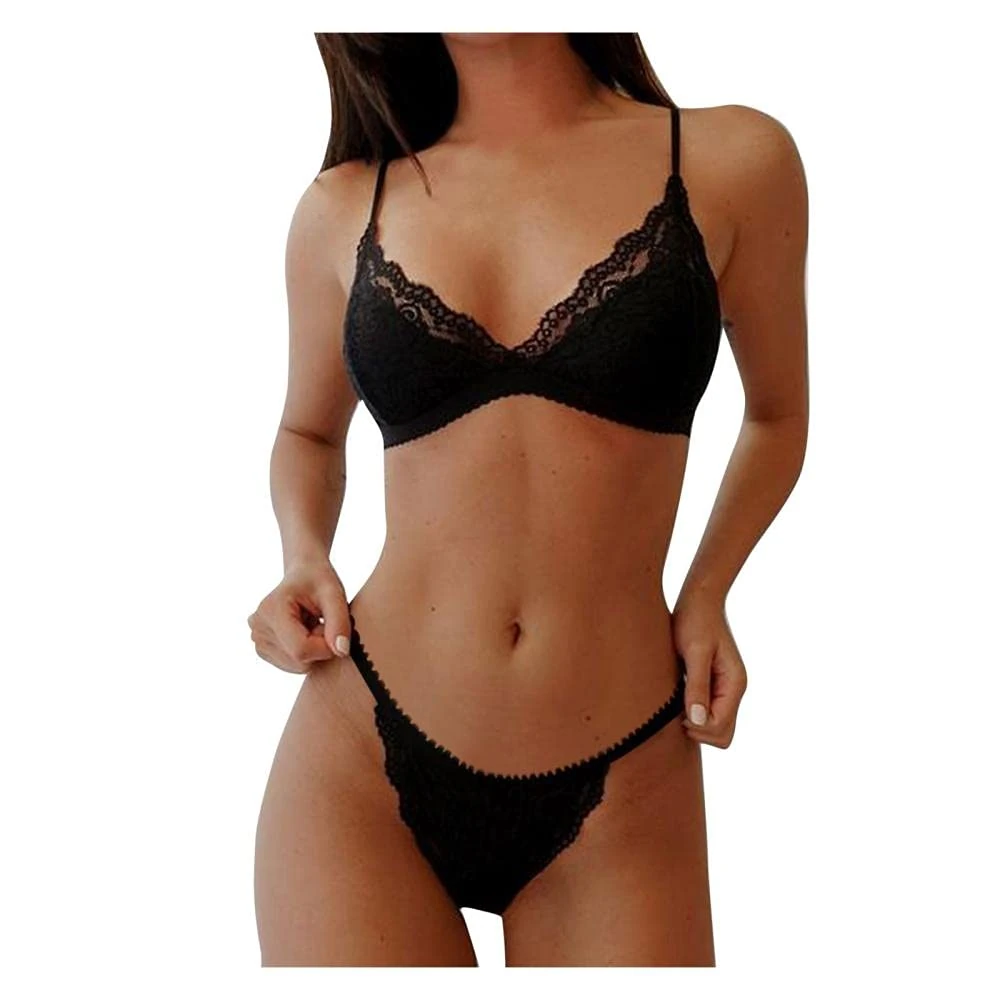 Women's Erotic Baby Dolls Women Sexy Lingerie Deep V Bodysuit Sexy Underwear Backless Stockings Sleepwear Set-Black_L