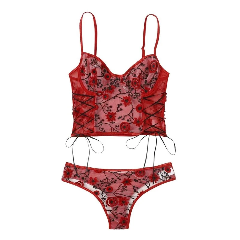 Women's Baby Dolls Women Embroidery Sexy Lace Lingerie Perspective Sexy Sleepwear Lingerie Set-Rojo_L