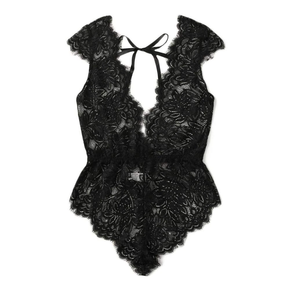 Women's Erotic Baby Dolls Women Sexy Sleepwear Bodysuit Lace Nightgown V Neck Sexy Lingerie Black Underwear Set-Black_XL