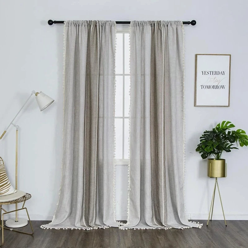 Cotton Linen Curtains 2 Panels 54x90 Inch, Semi Blackout Window Drapes with Tassel Trim for Bedroom Living Room Farmhouse Decor (Beige/Coffee)
