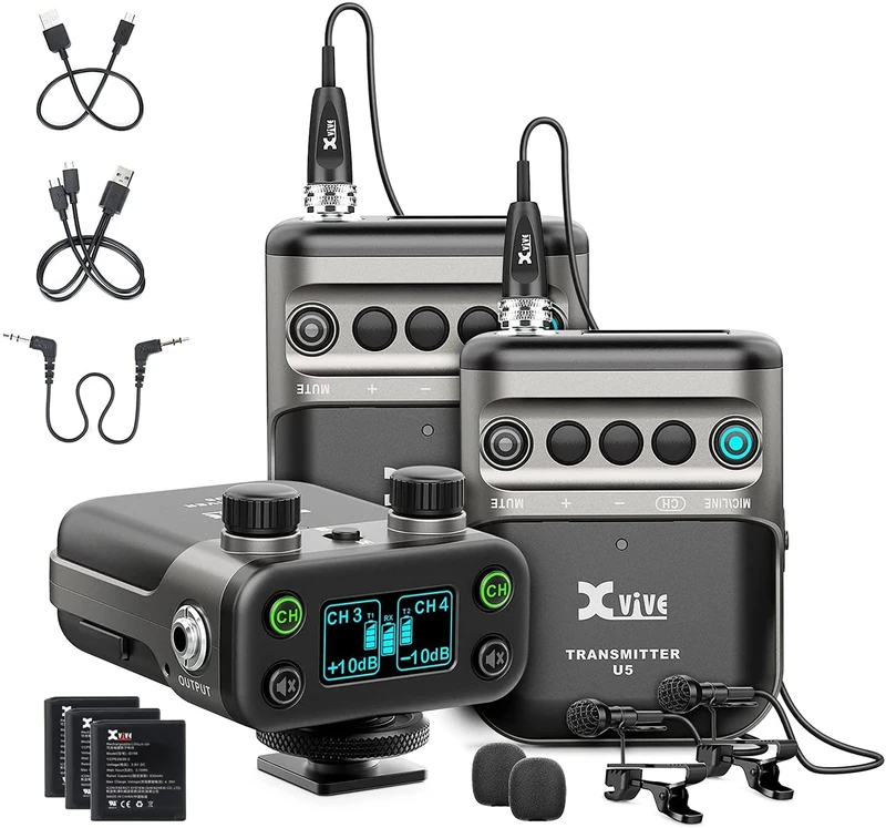Xvive U5T2 Wireless Microphone for Cameras Wireless Lavalier Microphone System Dual-Channel 2.4Ghz with 2 Lavalier Mics for DSLR/Video Cameras