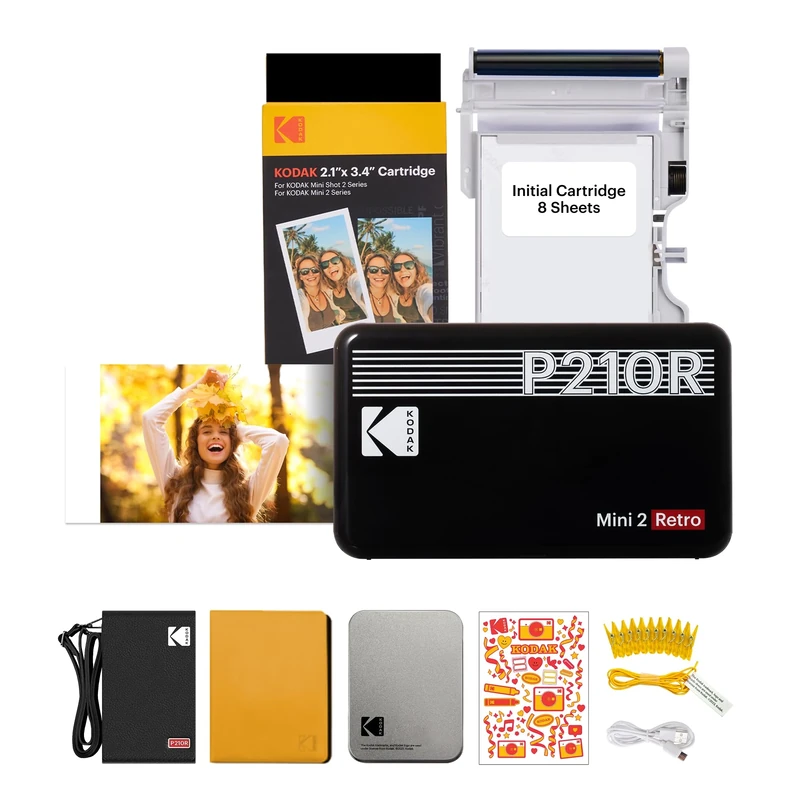 KODAK Mini 2 Retro 4PASS Mobile Photo Printer 5.3 x 8.6 cm Gift Package with 68 Sheets, Black